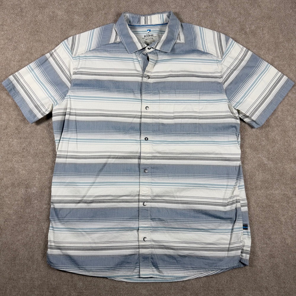 Kuhl Konquer Short Sleeve Blue White Stripe Snap Shirt Mens Sz M Western Outdoor
